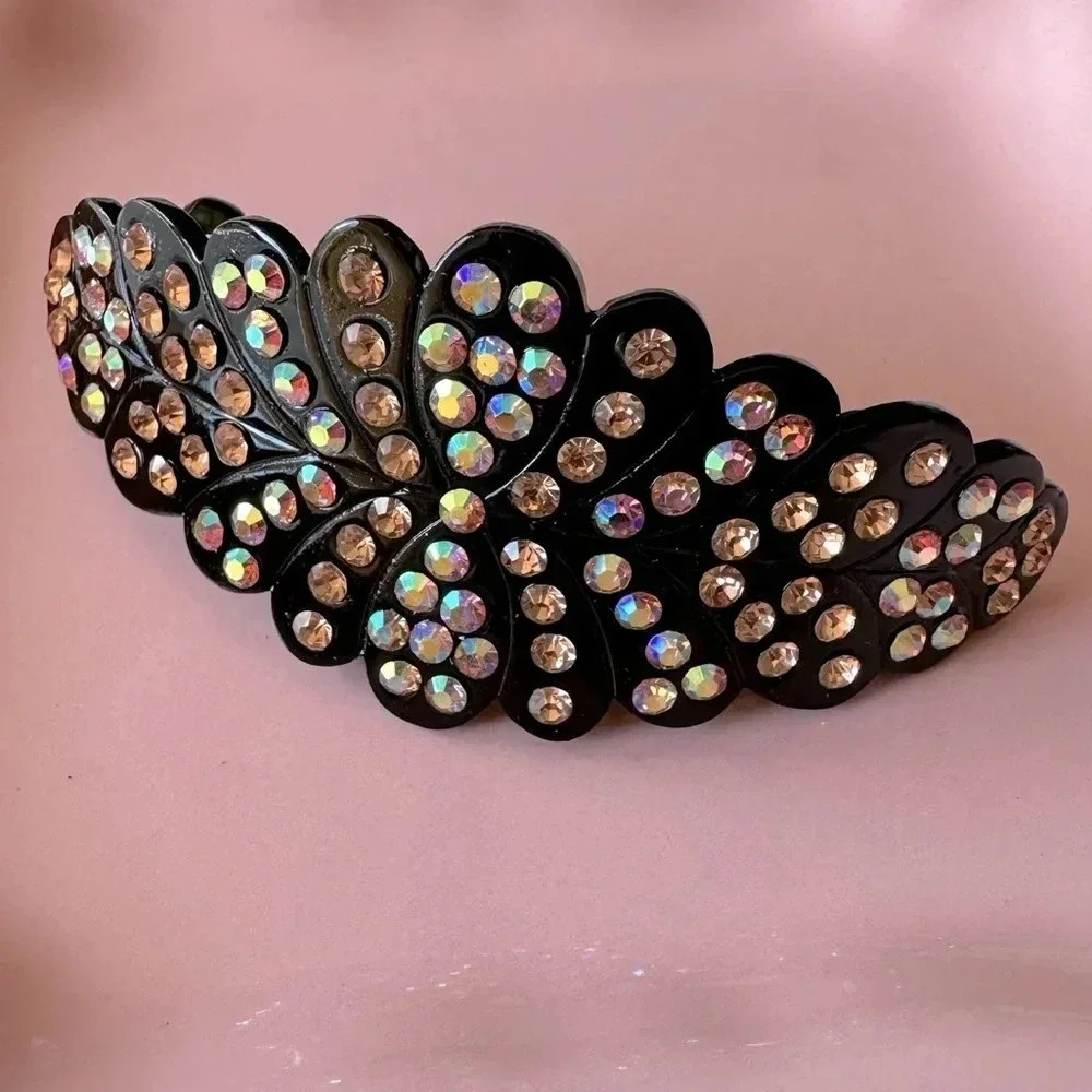 Peach and Aurora Borealis Crystals set in Black Hematite Hair Barrette